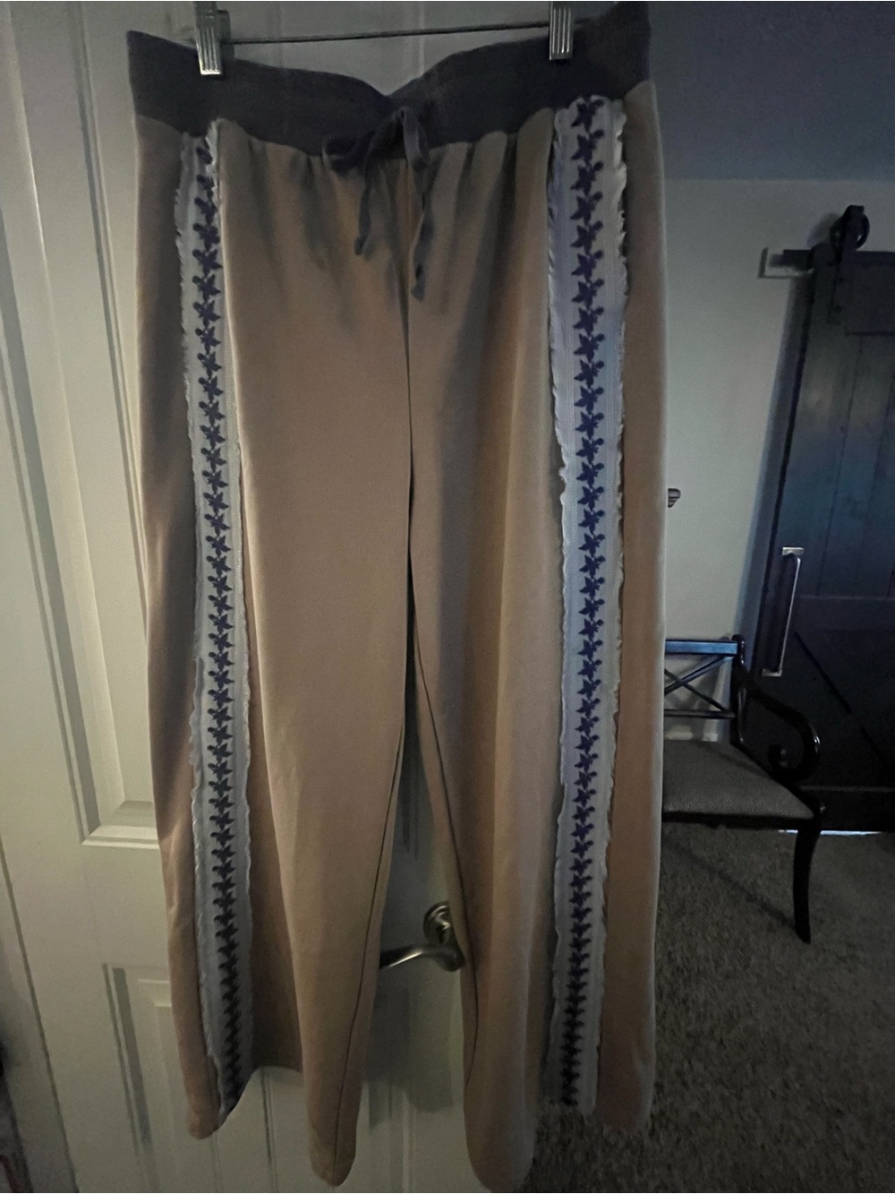 eesome Tan Wide leg sweatpants with White fringed trim with Blue Embroidery, L